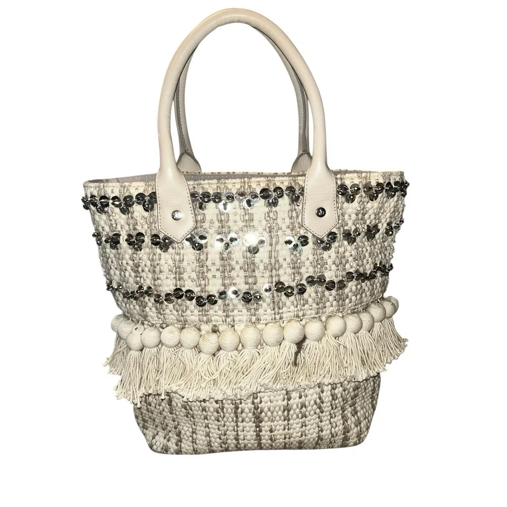 Sam Edelman Tori Tote Ivory Sequin Bag Beachy Boho Woven Drawstring Closure - Picture 2 of 11